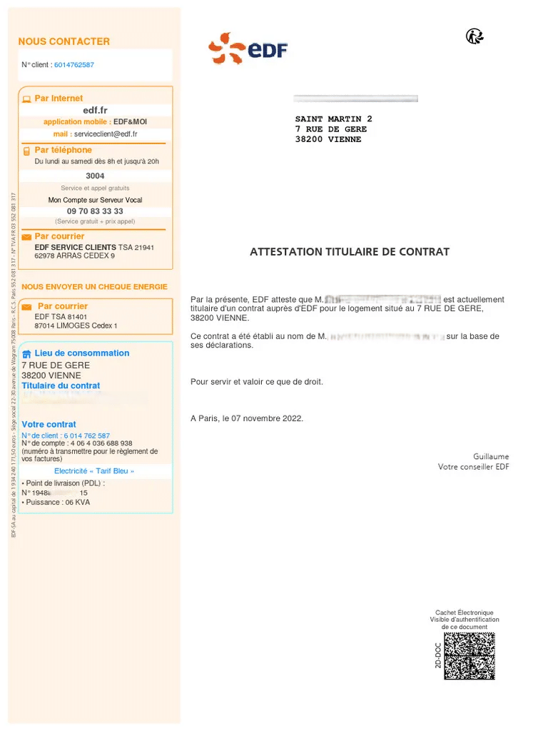 Exemple de facture d'énergie valide comme justificatif de domicile de moins de 3 mois - Mon Électricité