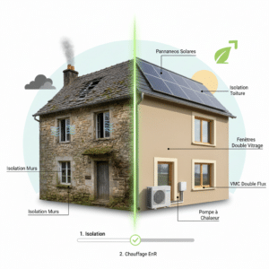 Schéma comparatif de travaux de rénovation énergétique montrant l'isolation, la pompe à chaleur et les panneaux solaires