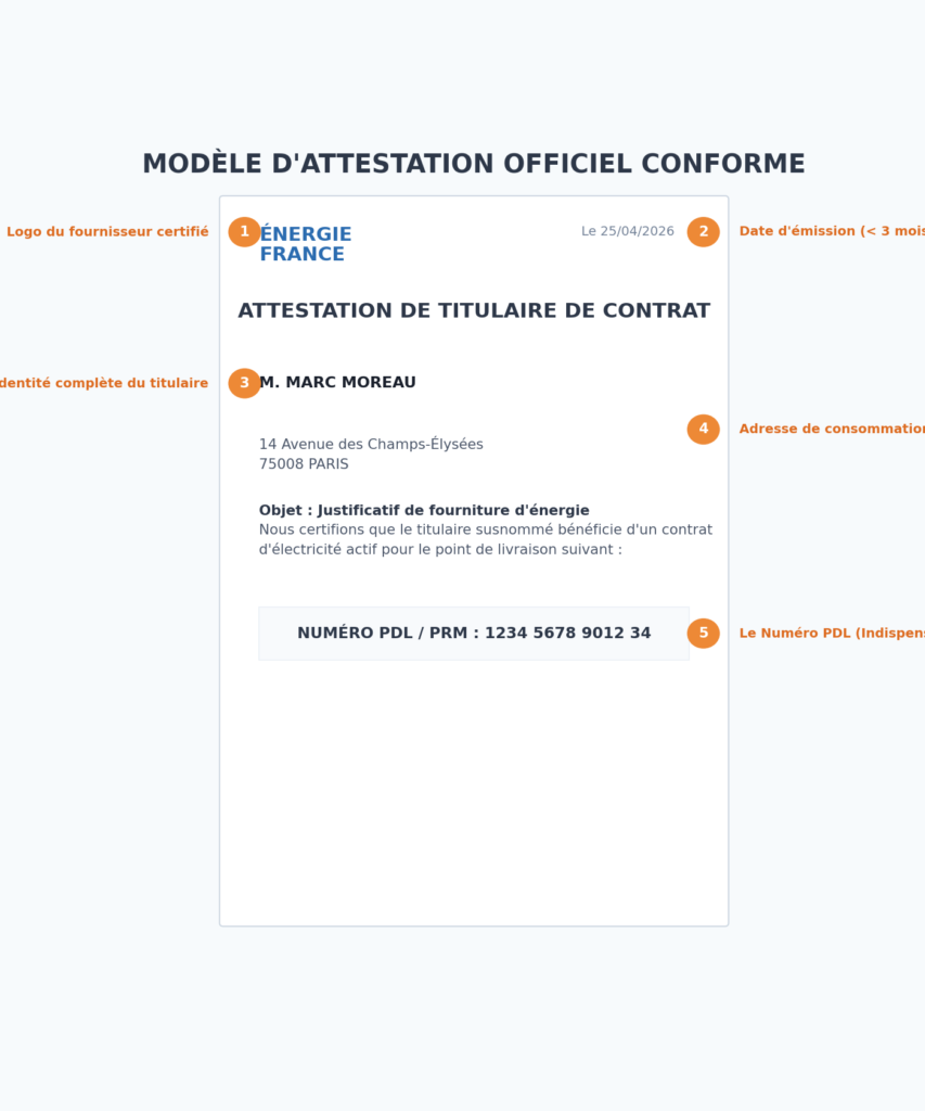 Schéma des 5 points de vérification d'une copie d'attestation de contrat d'électricité valide pour les démarches administratives.