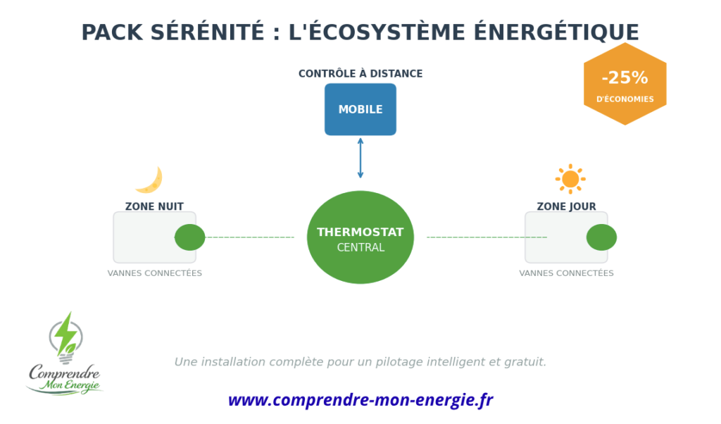 Schéma explicatif du Pack Sérénité : fonctionnement combiné du thermostat connecté et des têtes thermostatiques pour réduire sa facture de chauffage de 25%.