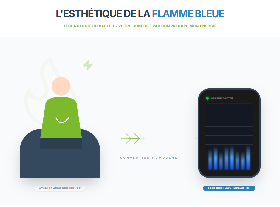 Schéma explicatif de la technologie de chauffage gaz infrableu montrant le brûleur inox, la convection homogène et le système de sécurité ODS Shield Active.