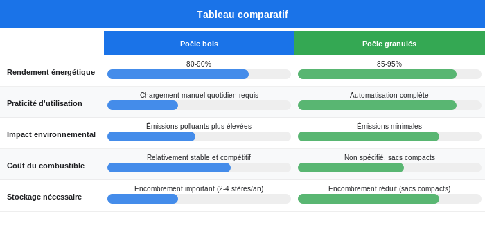 Poêle bois vs poêle granulés : comparatif complet Comparatif visuel entre poêle bois et poêle granulés montrant les différences essentielles