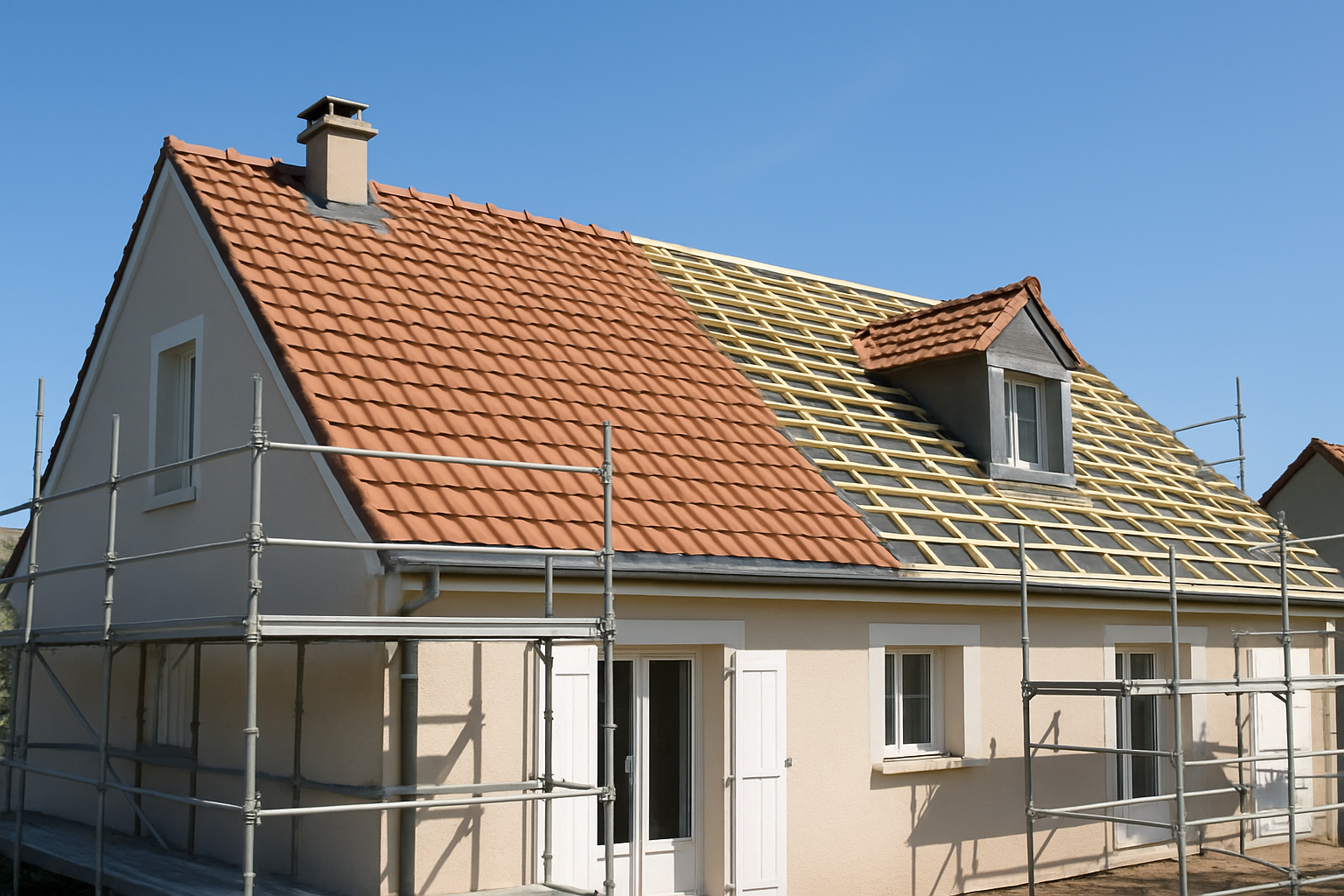 Rénovation toiture résidentielle avec installation de tuiles et démarches d'aides