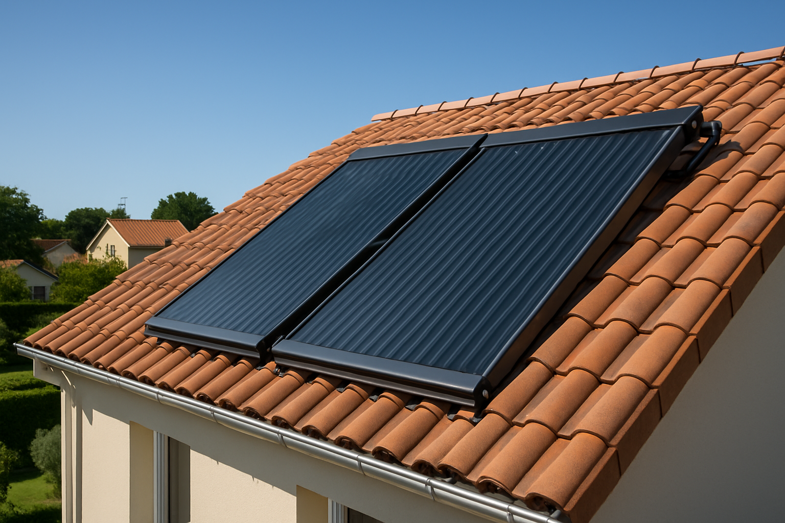 Chauffe-eau solaire sur toit maison française avec aides MaPrimeRénov 2025