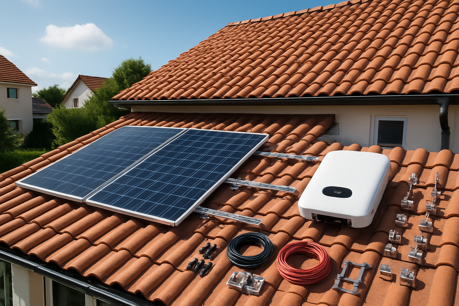 Installation kit solaire étape par étape sur maison résidentielle avec panneaux photovoltaïques et onduleur