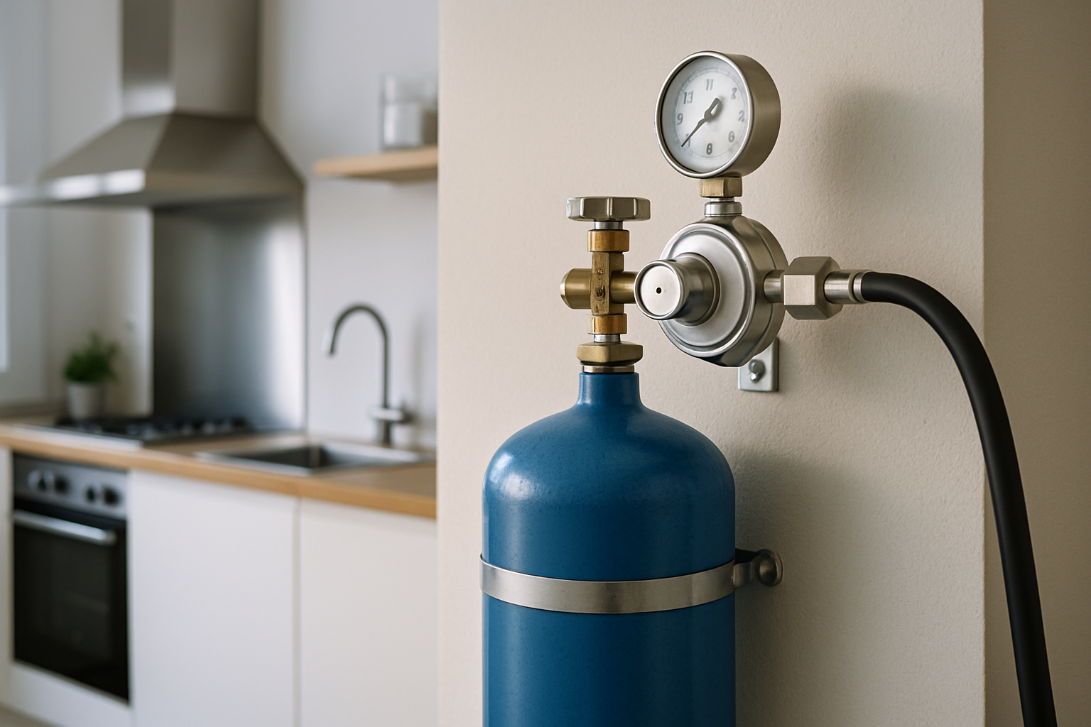 Bouteille de gaz avec détendeur et manomètre en cuisine moderne - fonctionnement utilisation