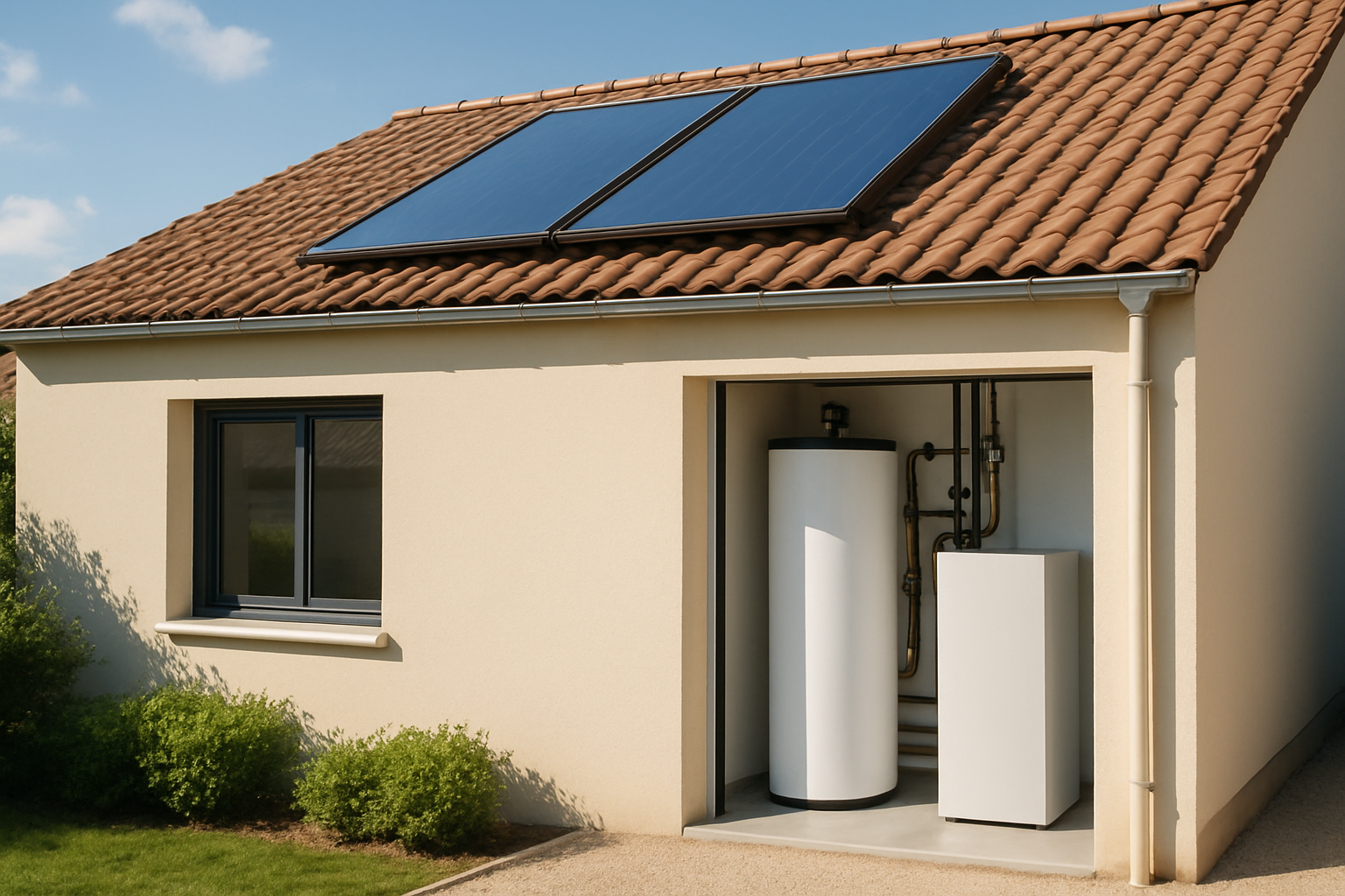 Installation système solaire combiné maison moderne avec panneaux thermiques et réservoir eau chaude