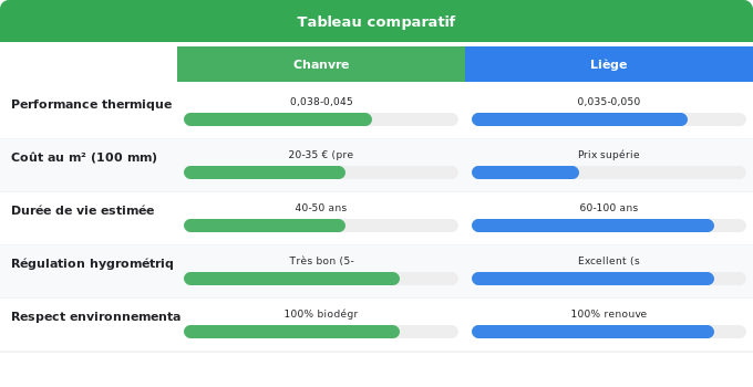 Schéma comparatif 2. Rénovation Énergétique — Les isolants naturels : chanvre, liège et ouate de cellulose
