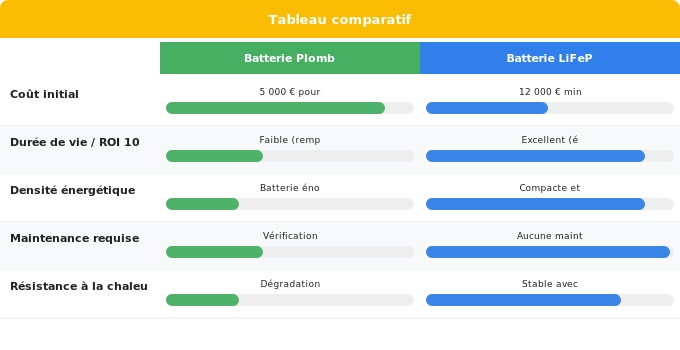 Schéma comparatif 4. Solaire — Batterie plomb ou LiFePO4 : laquelle choisir selon votre pro
