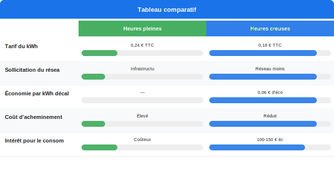 Schéma comparatif 5. Électricité — Comment les prix différent entre heures pleines et creuses