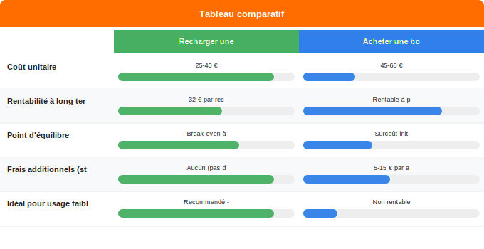 Schéma comparatif 1. Gaz — Recharge vs achat neuf : quel impact sur le prix ?