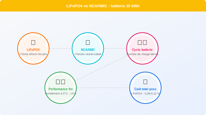 LiFePO4 vs NCA/NMC : quel type de batterie pour 10 kWh ? Schéma technique 4. Solaire — LiFePO4 vs NCA/NMC : quel type de batterie pour 10 kWh ?