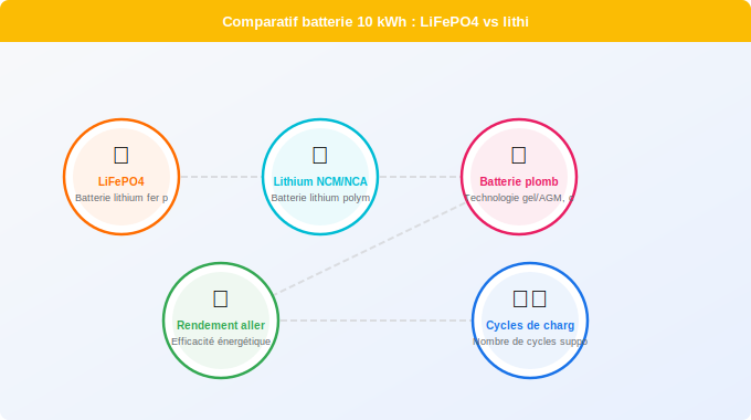 Schéma technique 4. Solaire — Comparatif batterie 10 kWh : LiFePO4 vs lithium vs plomb