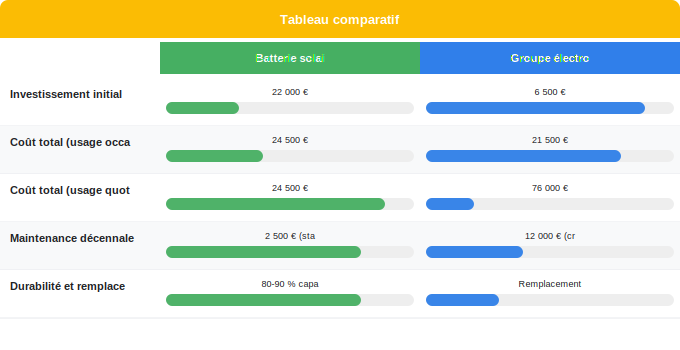Schéma comparatif 4. Solaire — Rentabilité sur 10 ans : batterie solaire vs groupe électrog