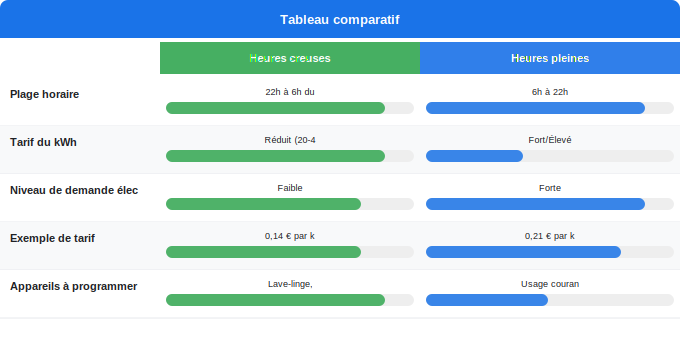 Schéma comparatif 5. Électricité — Comment lire les périodes de consommation (heures creuses/pl